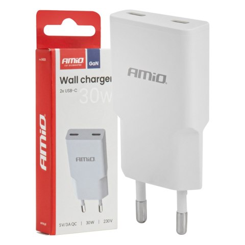 Ładowarka sieciowa 230v 30w gan 2xusb-c amio-04839 AMiO