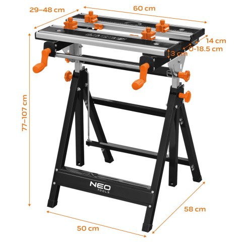 Stół warsztatowy regulowany, aluminiowy 60 x 58 x 77-107 cm NEO TOOLS