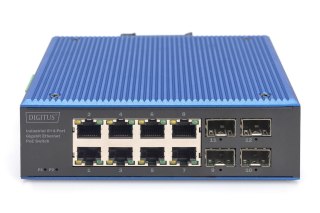 Przełącznik przemysłowy 8+4-Port Gigabit Ethernet PoE z 8x GE RJ45 i 2 SFP+ Portami, PoE DIGITUS