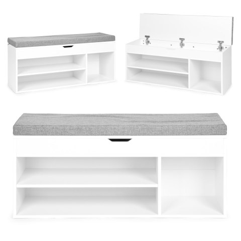 Szafka na buty z szarą poduszką i otwieranym siedziskiem 3 półki biała ModernHome ModernHome