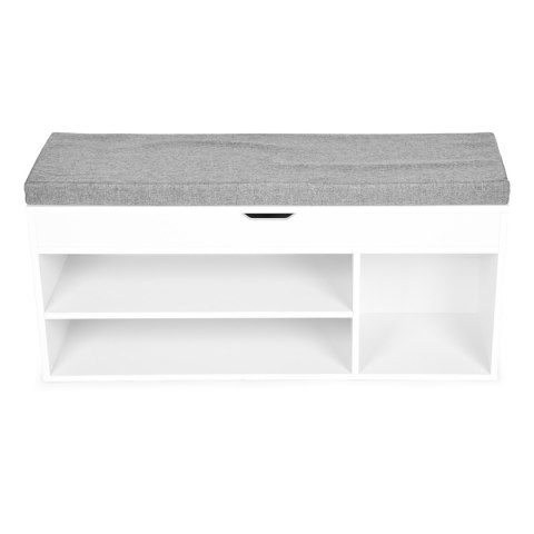 Szafka na buty z szarą poduszką i otwieranym siedziskiem 3 półki biała ModernHome ModernHome