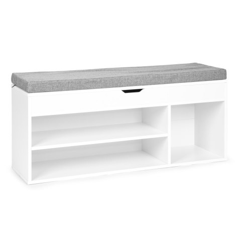 Szafka na buty z szarą poduszką i otwieranym siedziskiem 3 półki biała ModernHome ModernHome