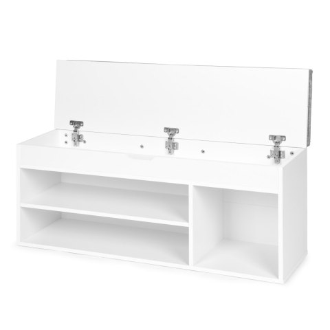 Szafka na buty z szarą poduszką i otwieranym siedziskiem 3 półki biała ModernHome ModernHome