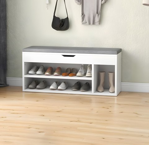 Szafka na buty z szarą poduszką i otwieranym siedziskiem 3 półki biała ModernHome ModernHome