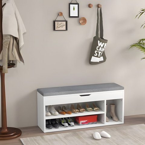 Szafka na buty z szarą poduszką i otwieranym siedziskiem 3 półki biała ModernHome ModernHome