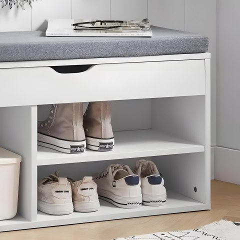 Szafka na buty z szarą poduszką i otwieranym siedziskiem 3 półki biała ModernHome ModernHome
