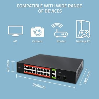 Qoltec Przełącznik sieciowy SWITCH Gigabit Ethernet PoE | 16x RJ45 | 2x RJ45 Uplink | 2x SFP | 1000Mb/s Qoltec
