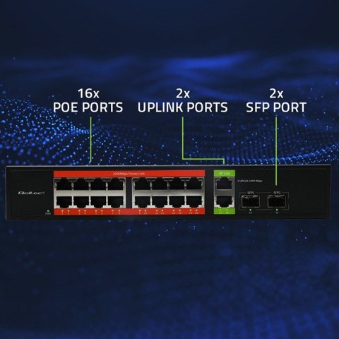 Qoltec Przełącznik sieciowy SWITCH Gigabit Ethernet PoE | 16x RJ45 | 2x RJ45 Uplink | 2x SFP | 1000Mb/s Qoltec