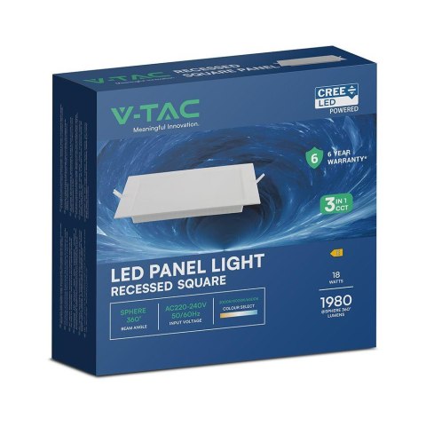 Panel wpuszczany downlight V-TAC 18W LED CREE CHIP kwadrat 220x220mm VT-61018CCT 3000K-4000K-6500K 1980lm 6 lat gwarancji
