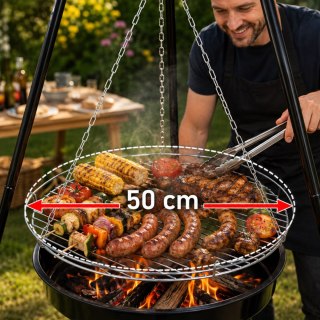 Grill ogrodowy węglowy zawieszany, regulowana wysokość 32-66/150 cm, ruszt stal chromowana, misa stal emaliowana, czarny, 50 cm SLOVAKIA TREND