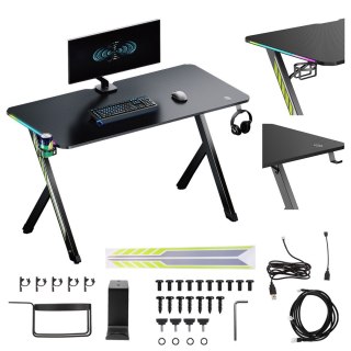 Biurko gamingowe NanoRS, czarne z uchwytem na słuchawki i kubek, podświetlenie RGB, max. 75kg, wymiary 1200x600x750mm, RS102 No name