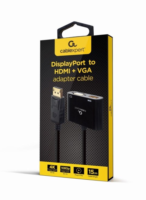 GEMBIRD ADAPTER NA KABLU DISPLAYPORT MĘSKI NA ŻEŃSKI HDMI + ŻEŃSKI VGA CZARNY, 10CM GEMBIRD