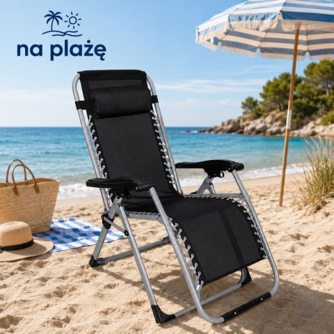 Leżak Ogrodowy Plażowy Składany Ze Stolikiem Zagłówek Stalowy Antarcyt LEAN