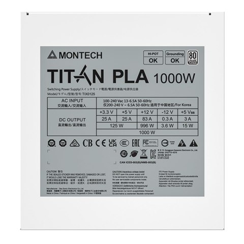 Montech Titan PLA 1000W - 80 PLUS & Cybenetics Platinum, modułowy, PCIe 5.1 - 1000 Watt, biały Montech