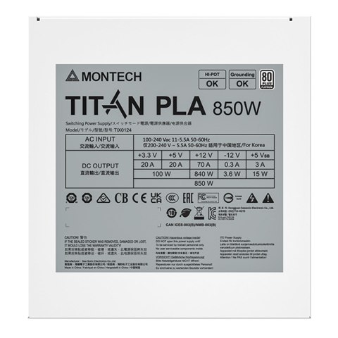 Montech Titan PLA 850W - 80 PLUS & Cybenetics Platinum, modularny, PCIe 5.1 - 850 Wat Montech