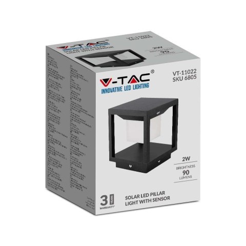 Słupek ogrodowy solarny V-TAC 2W LED czujnik ruchu IP65 czarny VT-11022 3000K 90lm 3 lata gwarancji
