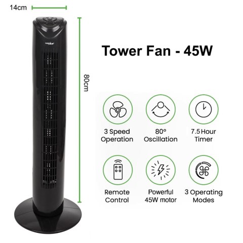 Wentylator kolumnowy GreenBlue 45W z 3 poziomami siły nawiewu, 82cm wysokości, 1,5m przewodu, z pilotem i timerem GB645 GreenBlue