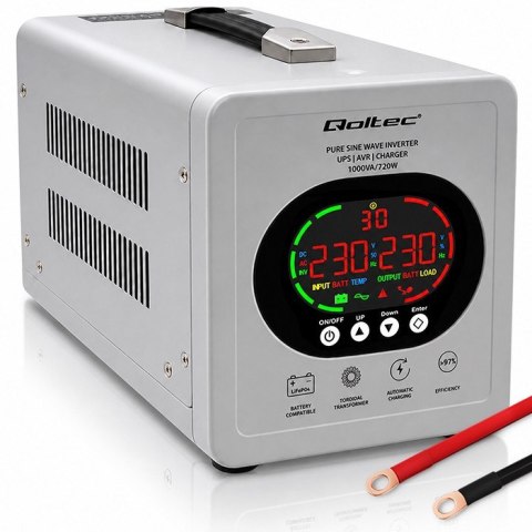 Qoltec Zasilacz awaryjny UPS Pure Sine Wave | 1000VA/720W | Przetwornica 12/230V z AVR | LCD | LiFePO4 AGM GEL Qoltec