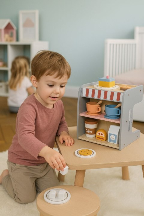Drewniany ekspres do kawy dla dzieci 2w1 sklepik zestaw baristy 26 akcesoriów ECOTOYS ECOTOYS