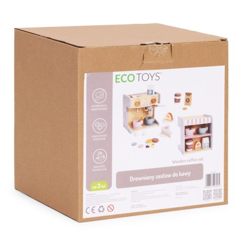 Drewniany ekspres do kawy dla dzieci 2w1 sklepik zestaw baristy 26 akcesoriów ECOTOYS ECOTOYS