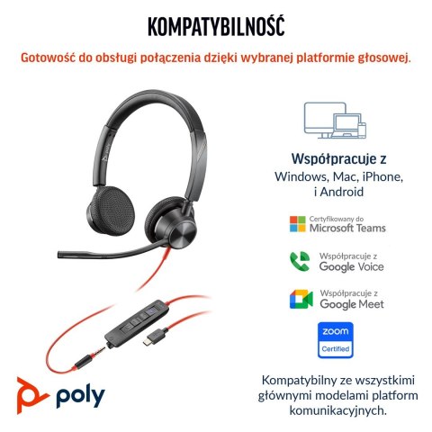 HP Poly Zestaw słuchawkowy stereo Poly Blackwire 3325 USB-C z certyfikatem Microsoft Teams + wtyczka 3,5 mm + przejściówka USB-C POLY