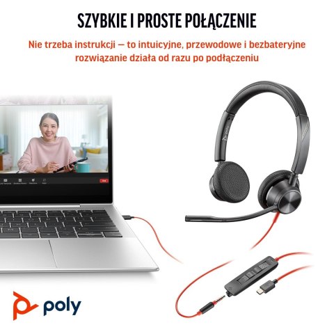 HP Poly Zestaw słuchawkowy stereo Poly Blackwire 3325 USB-C z certyfikatem Microsoft Teams + wtyczka 3,5 mm + przejściówka USB-C POLY