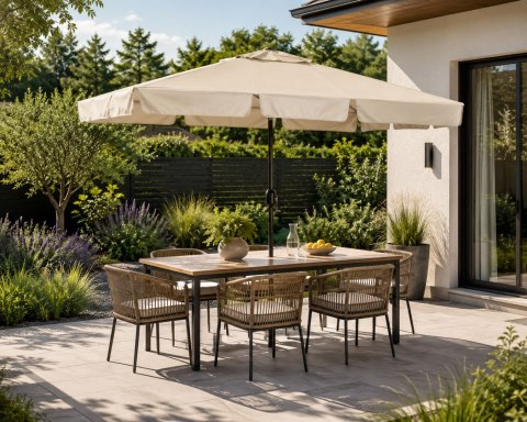 Prostokątny duży parasol ogrodowy skośny łamany z korbą beżowy 200x130 cm MultiGarden MultiGarden