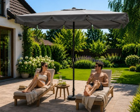 Prostokątny duży parasol ogrodowy skośny łamany z korbą szary 200x130 cm MultiGarden MultiGarden