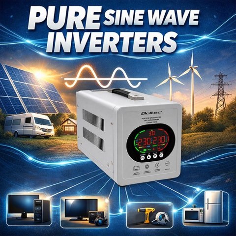 Qoltec Zasilacz awaryjny UPS Pure Sine Wave | 1000VA/720W | Przetwornica 12/230V z AVR | LCD | LiFePO4 AGM GEL Qoltec