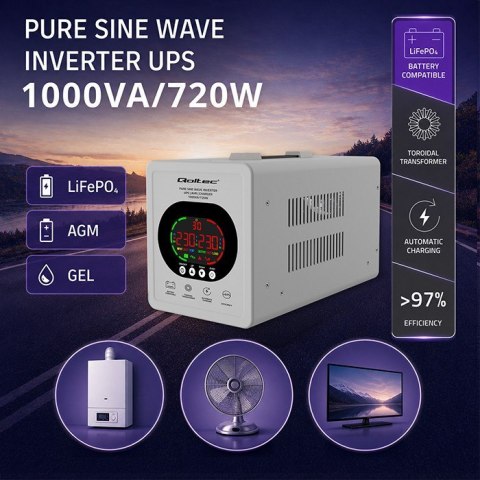 Qoltec Zasilacz awaryjny UPS Pure Sine Wave | 1000VA/720W | Przetwornica 12/230V z AVR | LCD | LiFePO4 AGM GEL Qoltec