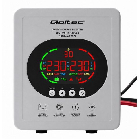 Qoltec Zasilacz awaryjny UPS Pure Sine Wave | 1000VA/720W | Przetwornica 12/230V z AVR | LCD | LiFePO4 AGM GEL Qoltec