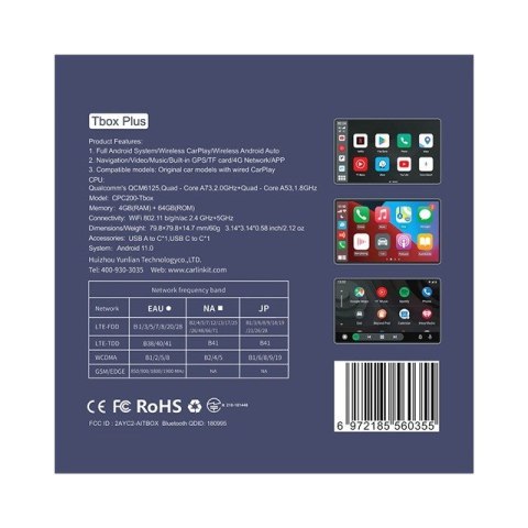 CARLINKIT Adapter Bezprzewodowy TBOX-Plus 4GB+64GB Apple Carplay/Android Auto niebieski CARLINKIT