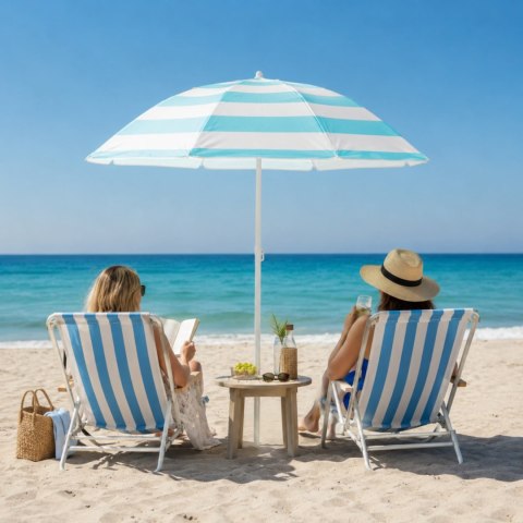 Parasol plażowy biało-niebieski, stalowy, z nachyleniem, średnica 180 cm, wysokość 200 cm, maszt 32 mm KAMAI STRENDPRO