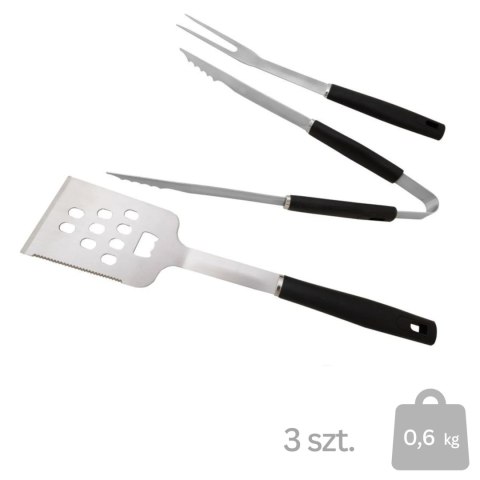 Zestaw przyborów do grillowania, 3-częściowy, stal nierdzewna, uchwyty plastikowe, łopatka, szczypce, widelec, srebrno-czarny KAMAI STRENDPRO
