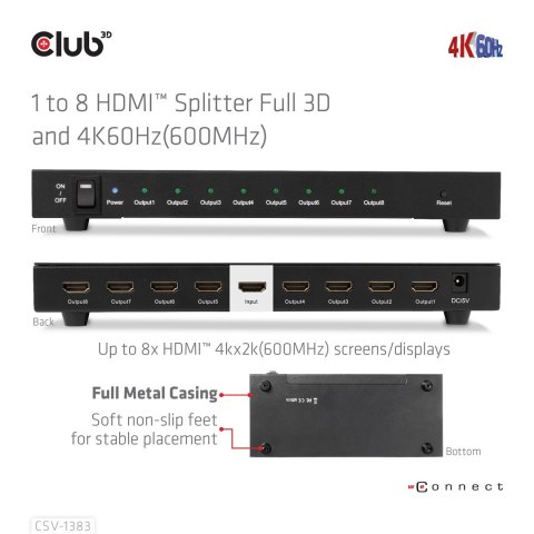 CLUB3D CSV-1383 rozgałęziacz telewizyjny HDMI 8x HDMI Club 3D