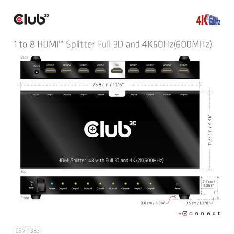 CLUB3D CSV-1383 rozgałęziacz telewizyjny HDMI 8x HDMI Club 3D