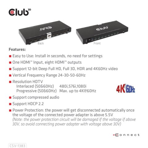 CLUB3D CSV-1383 rozgałęziacz telewizyjny HDMI 8x HDMI Club 3D