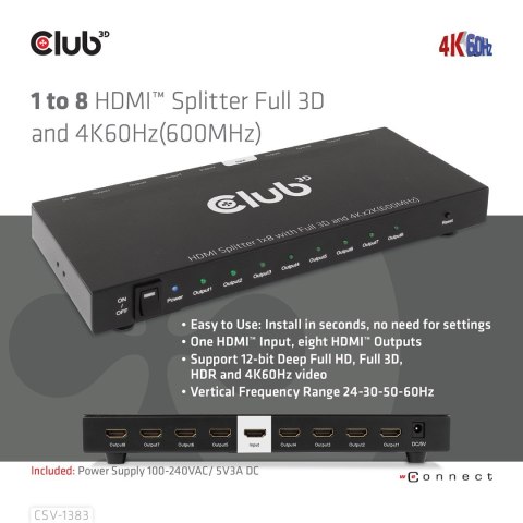 CLUB3D CSV-1383 rozgałęziacz telewizyjny HDMI 8x HDMI Club 3D