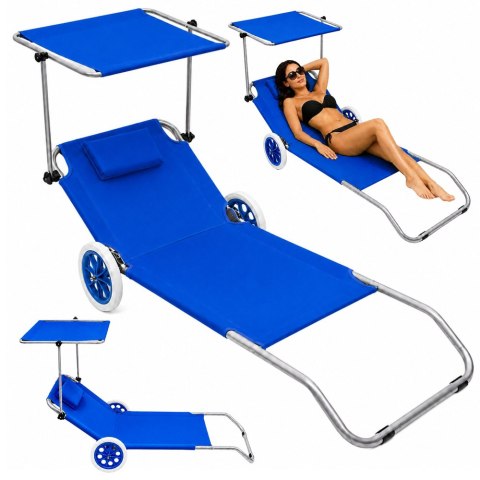 Leżak Plażowy Na Kółkach Ogrodowy Składany Z Daszkiem Aluminiowy Niebieski LEAN