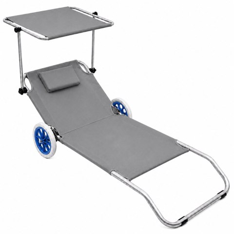 Leżak Plażowy Na Kółkach Ogrodowy Składany Z Daszkiem Aluminiowy Szary LEAN