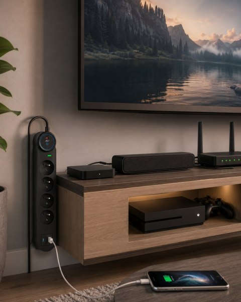 Urządzenie zabezp. p.przepięciowe SPD ART" FU910 z wył.4 gniazda-16A-USB A+C-3.4A-szybka ładowarka-czarny-1,5m-3x1,5mm2 ART