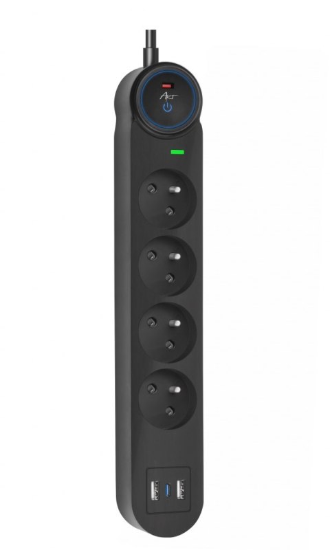 Urządzenie zabezp. p.przepięciowe SPD/przeciążeniowe ART" FU810 z wył.4 gniazda-10A-2USB A+C-2.6A-czarny-1,5m-3x1,0mm2 ART