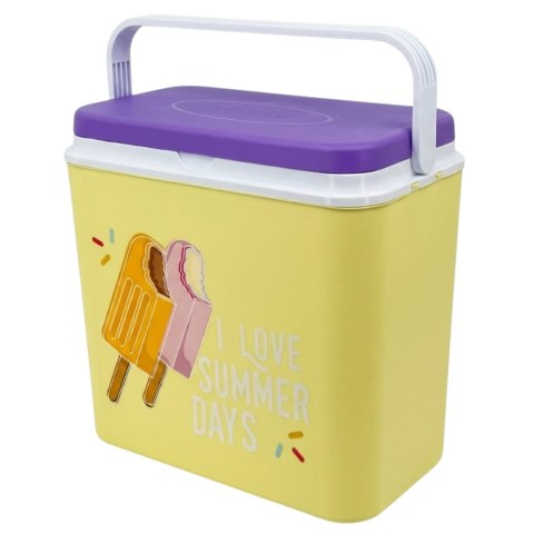 Lodówka turystyczna 24L Kamai Coolbox na wkłady mrożące, żółta z nadrukiem lodów, fioletowa pokrywa i biała rączka