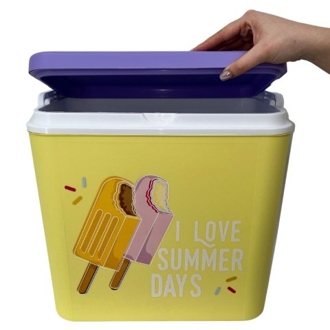 Lodówka turystyczna 24L Kamai Coolbox na wkłady mrożące, żółta z nadrukiem lodów, fioletowa pokrywa i biała rączka