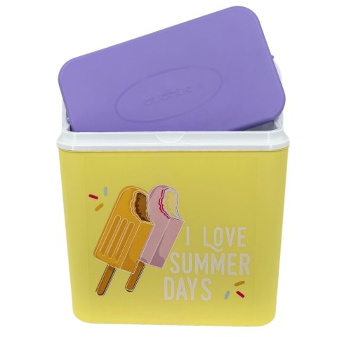 Lodówka turystyczna 24L Kamai Coolbox na wkłady mrożące, żółta z nadrukiem lodów, fioletowa pokrywa i biała rączka