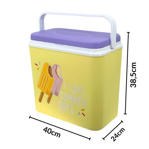 Lodówka turystyczna 24L Kamai Coolbox na wkłady mrożące, żółta z nadrukiem lodów, fioletowa pokrywa i biała rączka