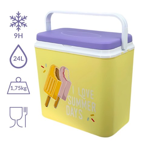 Lodówka turystyczna 24L Kamai Coolbox na wkłady mrożące, żółta z nadrukiem lodów, fioletowa pokrywa i biała rączka