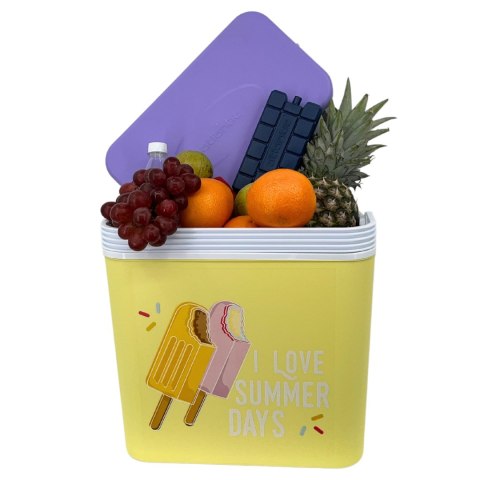 Lodówka turystyczna 24L Kamai Coolbox na wkłady mrożące, żółta z nadrukiem lodów, fioletowa pokrywa i biała rączka