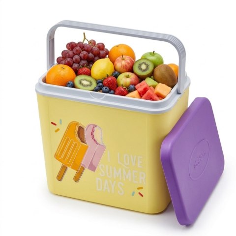 Lodówka turystyczna 24L Kamai Coolbox na wkłady mrożące, żółta z nadrukiem lodów, fioletowa pokrywa i biała rączka
