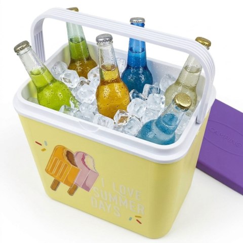 Lodówka turystyczna 24L Kamai Coolbox na wkłady mrożące, żółta z nadrukiem lodów, fioletowa pokrywa i biała rączka